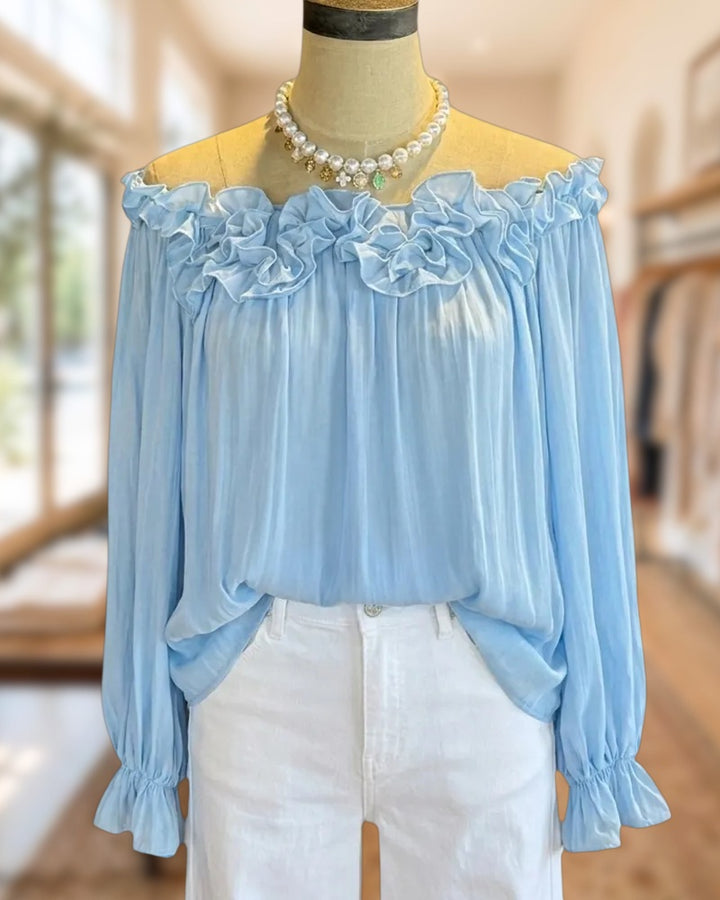 Off Shoulder Ruffle Trim Long Sleeve Loose Casual Blouse