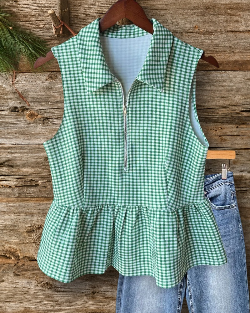 Collared Half Zip Sleeveless Peplum Hem Gingham Blouse