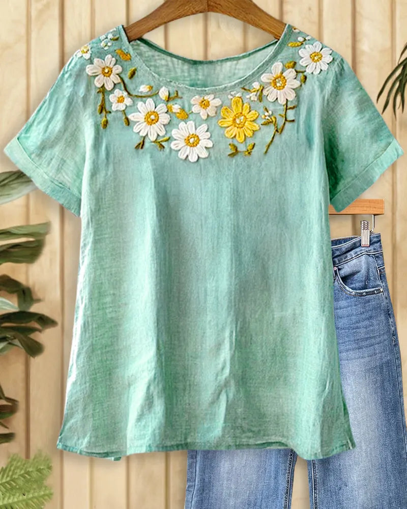 Floral Embroidery Round Neck Laid Back T-Shirt