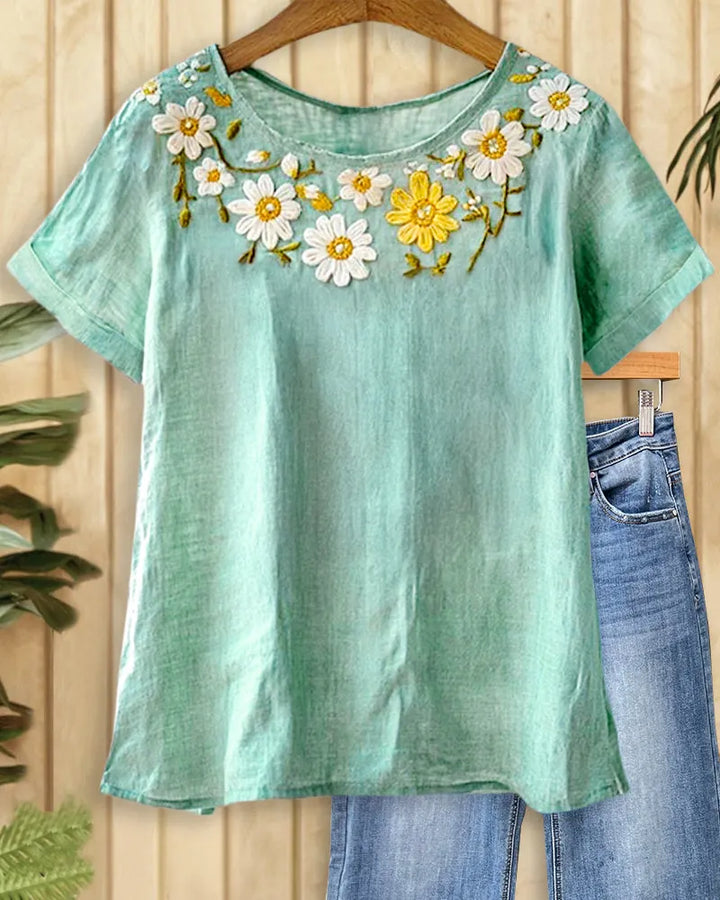 Floral Embroidery Round Neck Laid Back T-Shirt