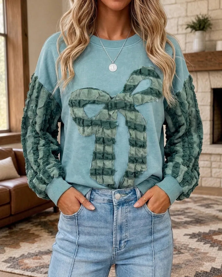 Ruffle Sleeve Bow Applique Crew Neck Loose Casual Sweatshirt