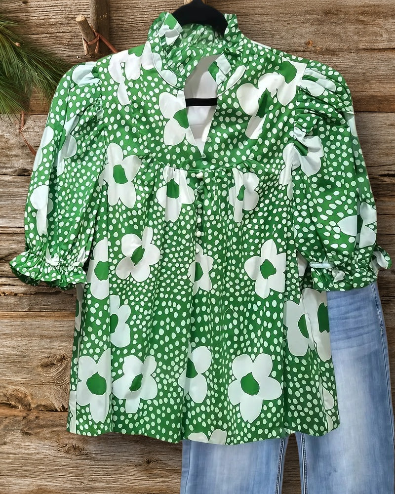 Floral Mixed Print V Neck Rocking Blouse