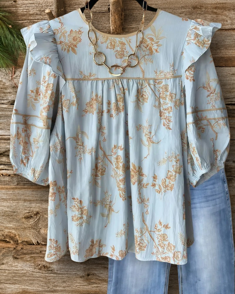 Floral Print Playful Ruffled Shoulder Babydoll T-Shirt