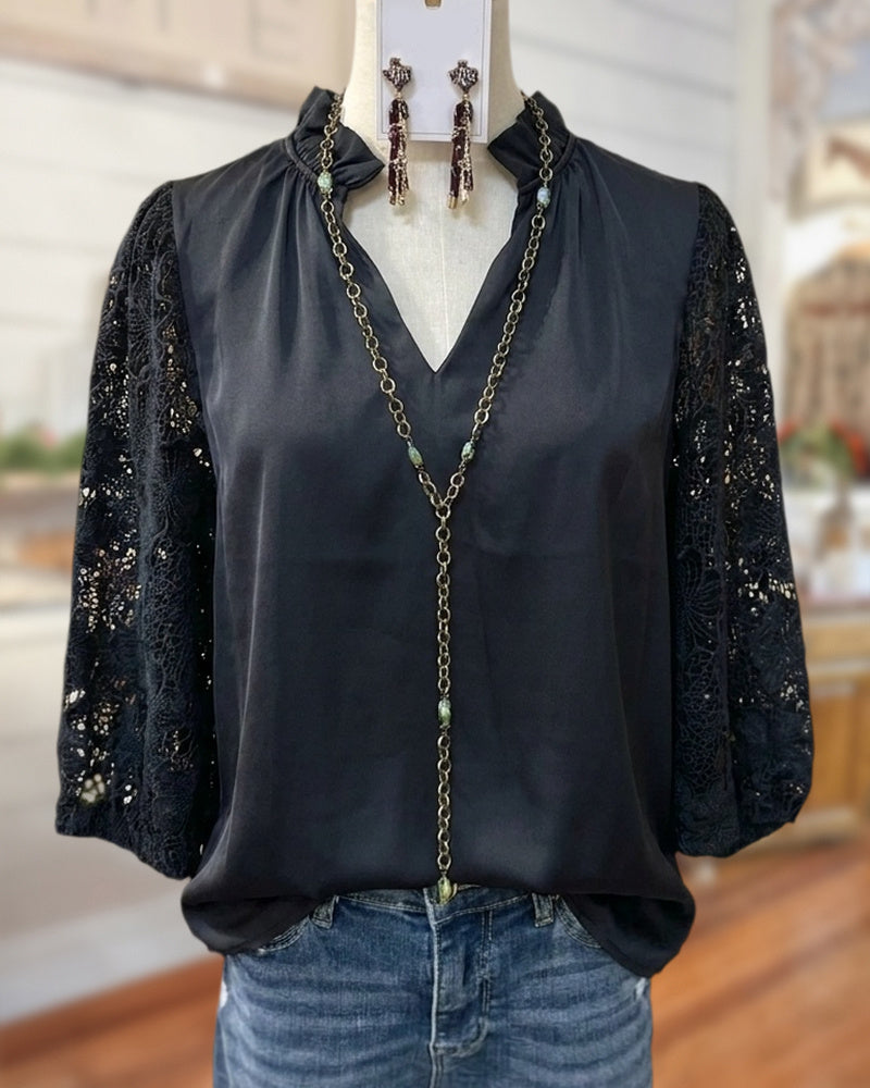 V Neck Ruffle Trim Lace 3/4 Sleeve Elegant Blouse