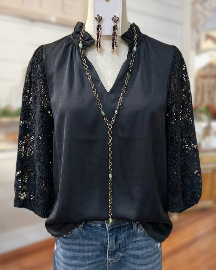 V Neck Ruffle Trim Lace 3/4 Sleeve Elegant Blouse