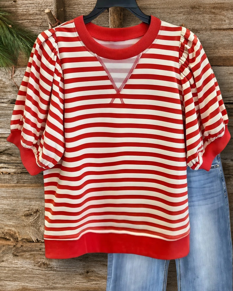 Striped Puff Sleeve Round Neck Casual Shirt