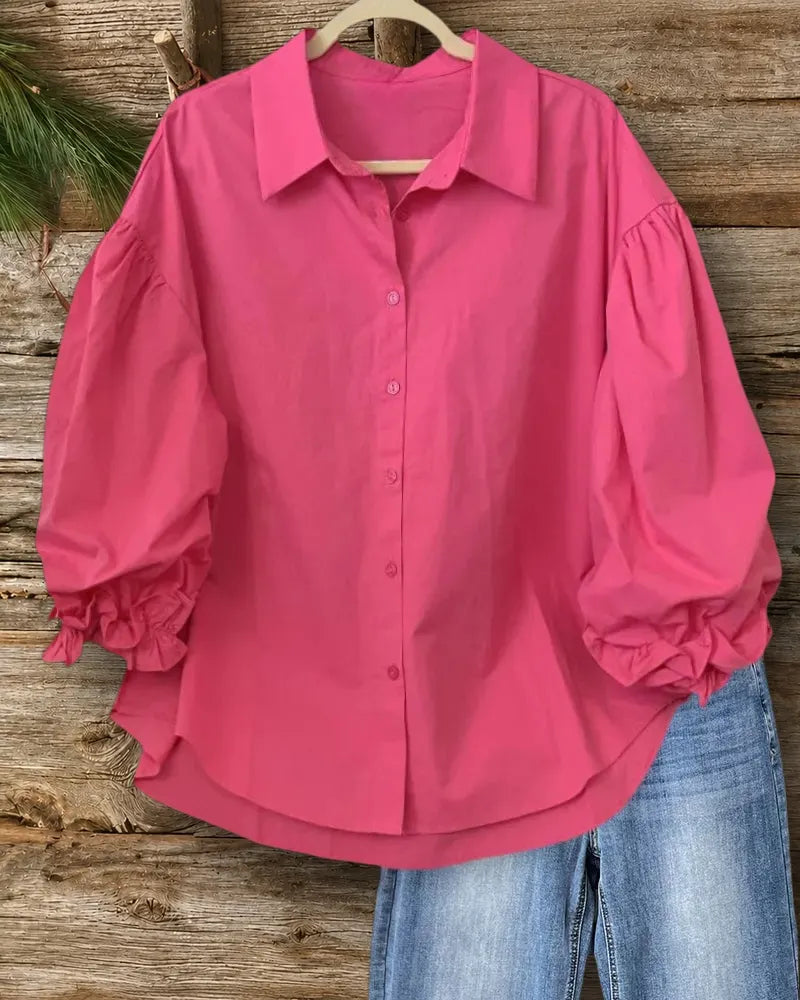 Collared Button Front Lantern Sleeve Solid Color Playful Shirt
