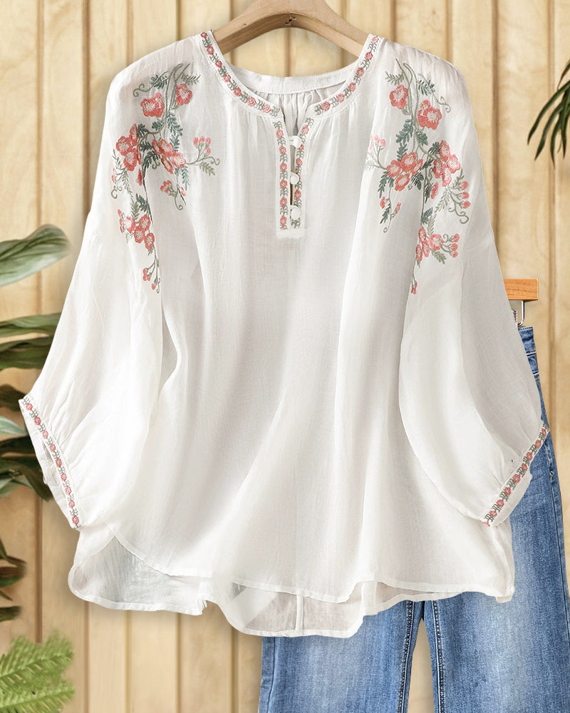 Floral Embroidered Button Placket Loose Casual 3/4 Sleeve Blouse