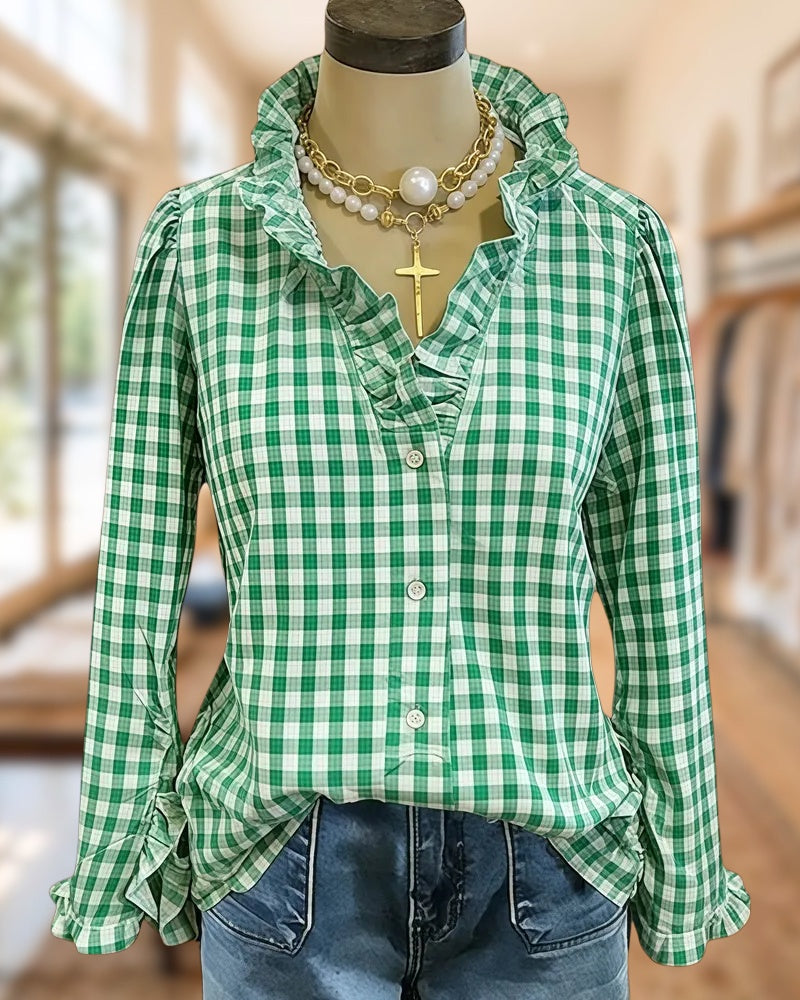 Gingham Ruffles Trim Smart V Neck Button Up Blouse
