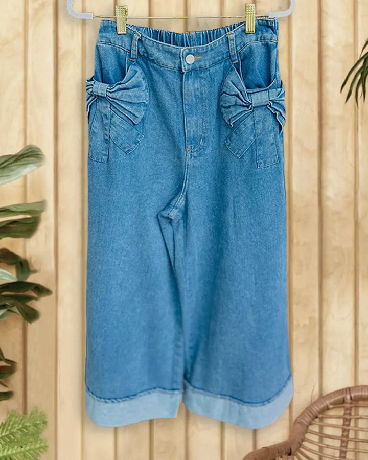 Bow Accent Rolled Cuff Wide Leg Jeans