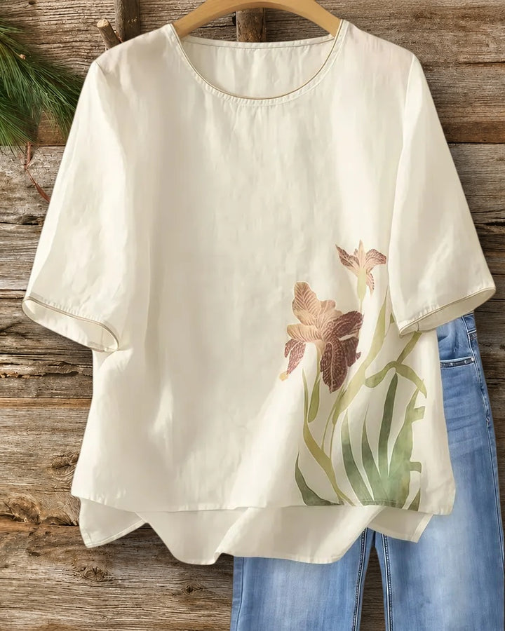 Floral Print Round Neck Loose Short Sleeve Blouse