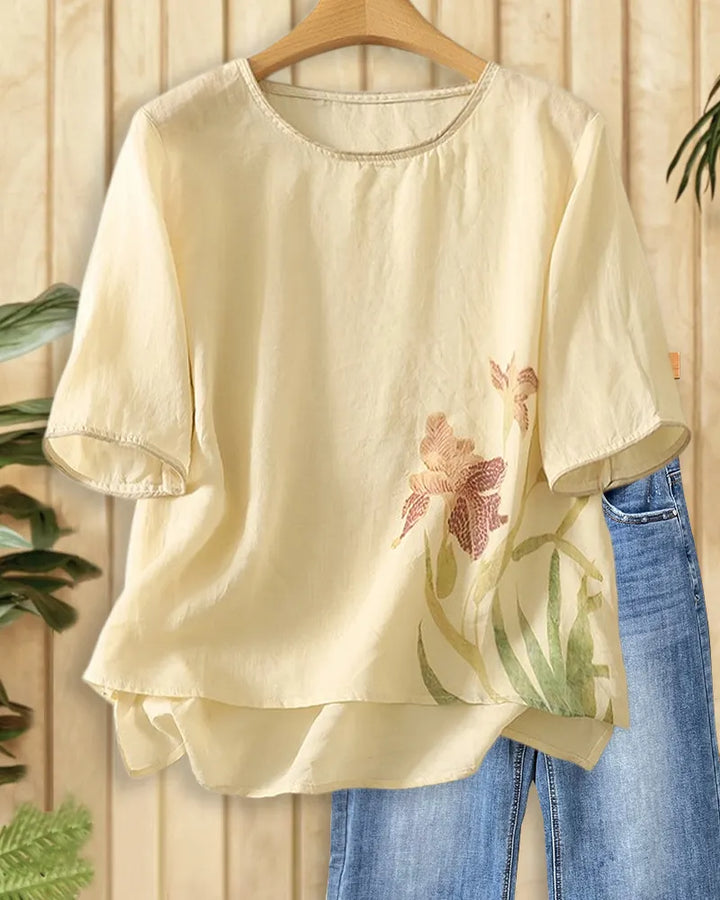 Floral Print Round Neck Loose Short Sleeve Blouse