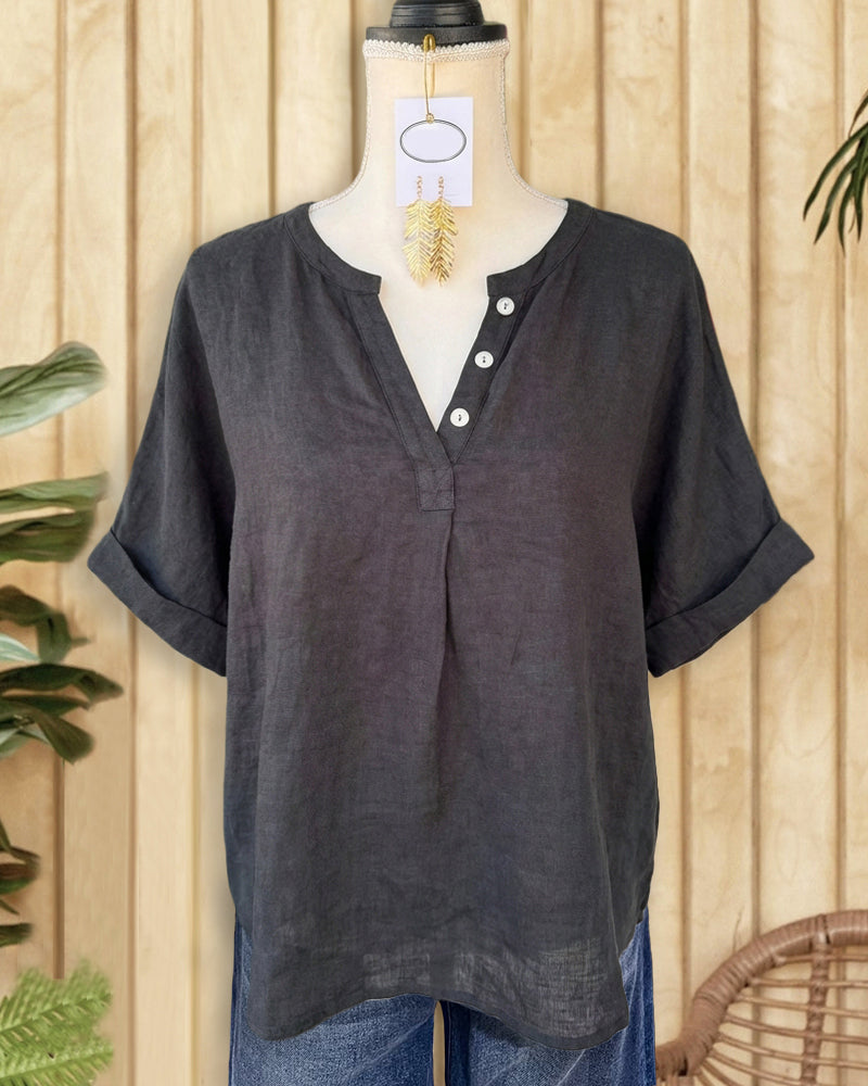 Solid Color Retro V Neck Shirt