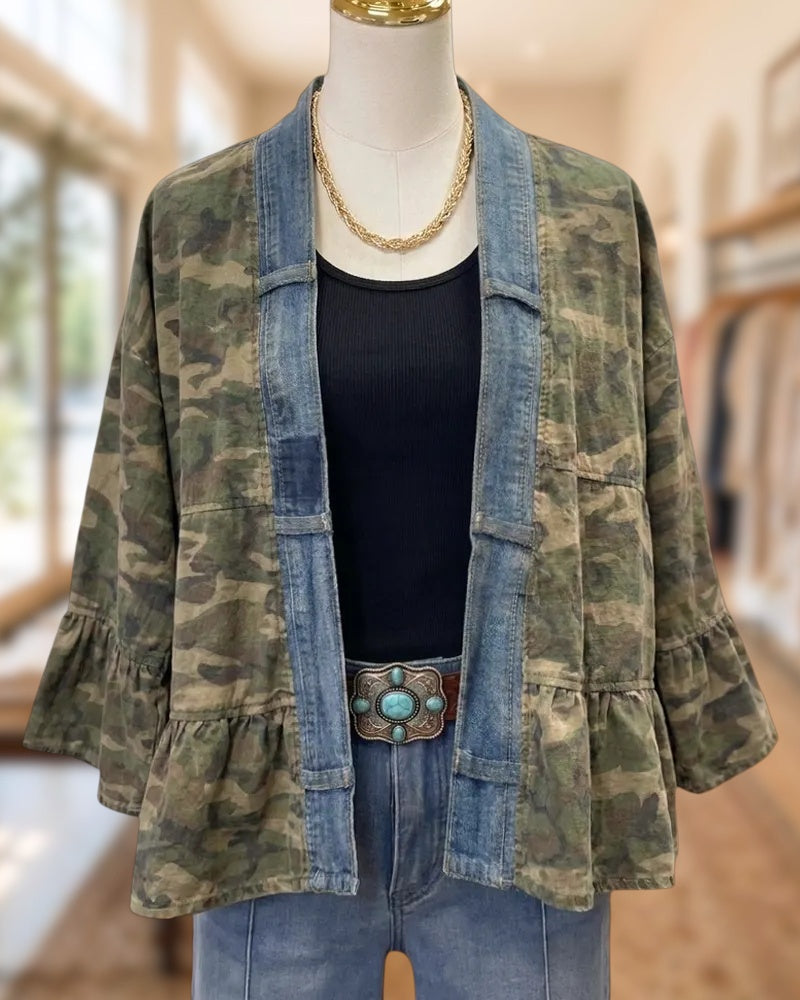 Camo Contrast Denim Trim Ruffled Open Front Casual Jacket