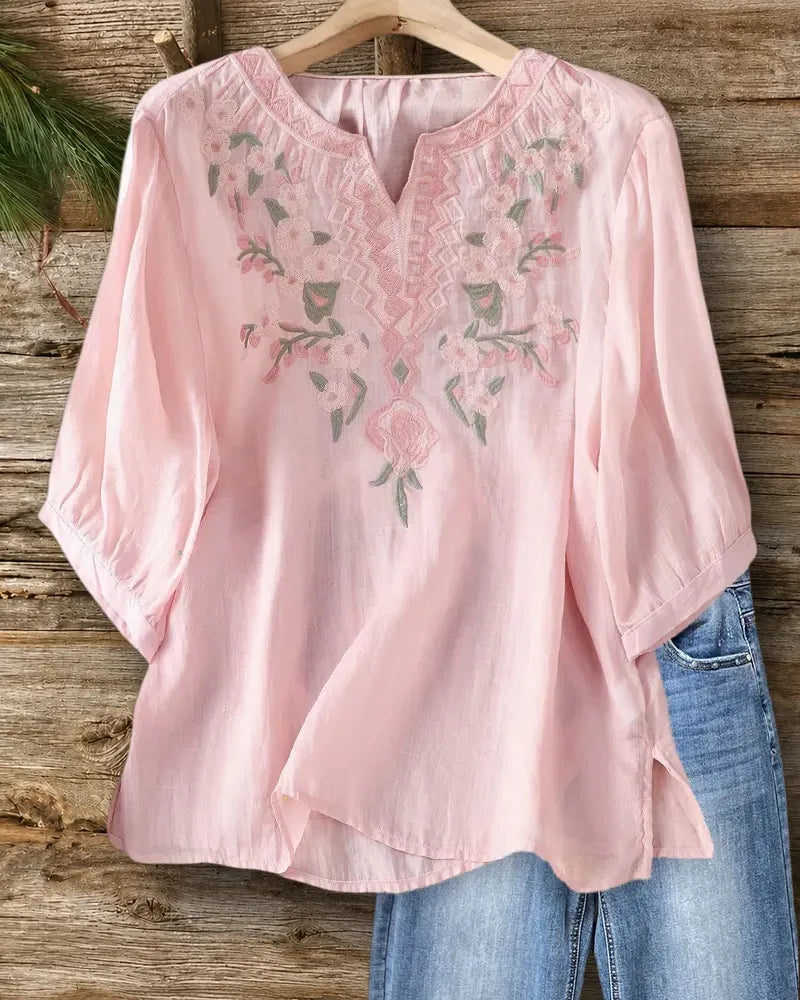 Embroidered V Neck 3/4 Sleeve Loose Casual Lightweight Blouse