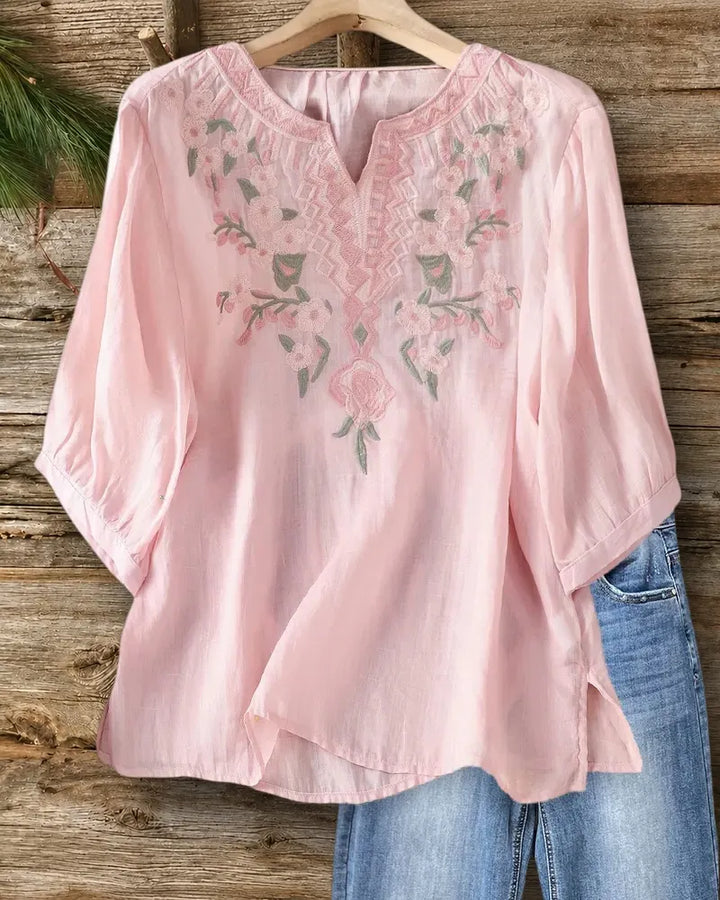 Embroidered V Neck 3/4 Sleeve Loose Casual Lightweight Blouse