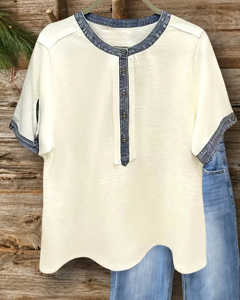 Hit Color Patchwork Cozy Short Sleeve Henley Shirt