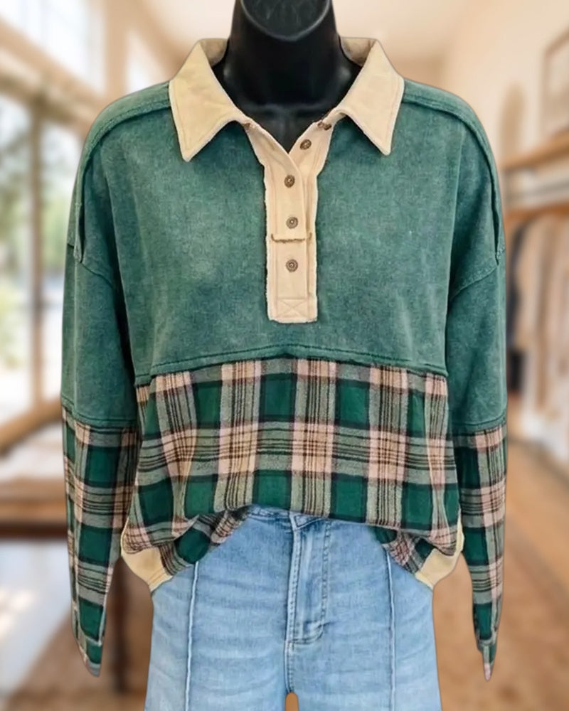 Contrast Collar Plaid Panel Half Button Drop Shoulder Pullover