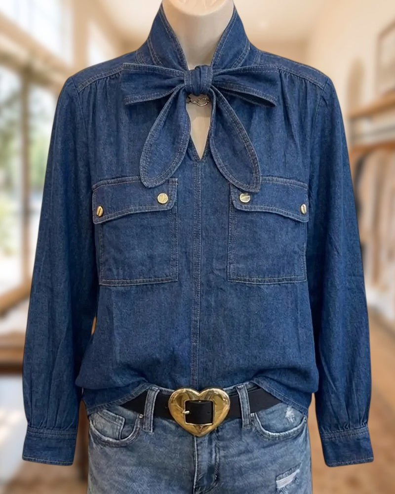 Bow Tie Neck Flap Pocket Long Sleeve Denim Shirt