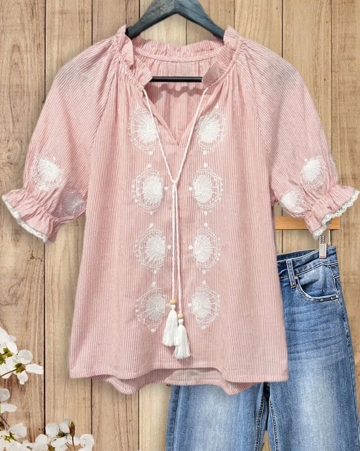 Striped Embroidered Puff Sleeve Tie Neck Ruffled Cuff Blouse