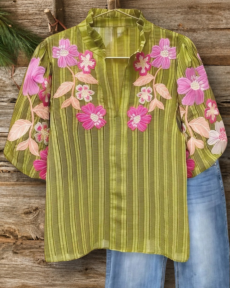 Floral Embroidery Striped Retro Puff Sleeve T-Shirt