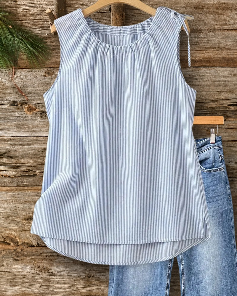 Striped Sleeveless Tie Detail Round Neck Tank Top