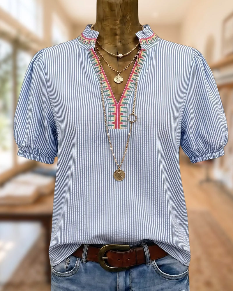 Embroidered Trim Striped V Neck Puff Sleeve Blouse