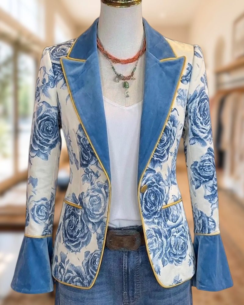 Floral Print Notched Lapel Bell Sleeve Slim Fit Blazer