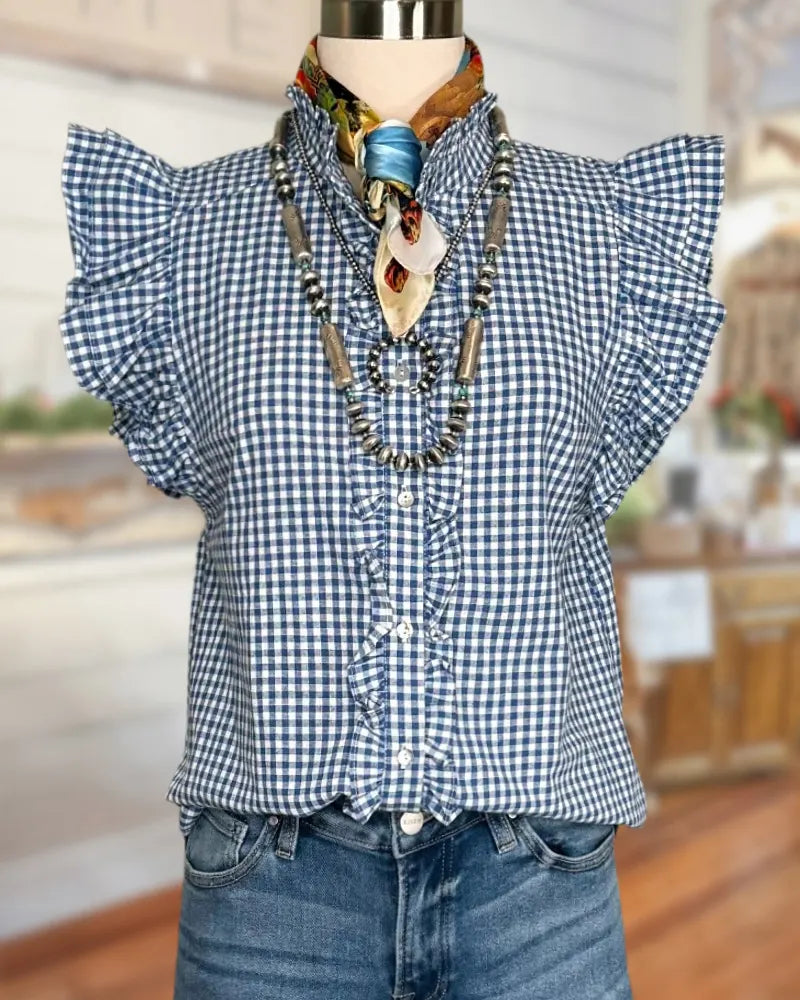 Ruffled Placket Ruffle Sleeve Stand Collar Casual Gingham Blouse