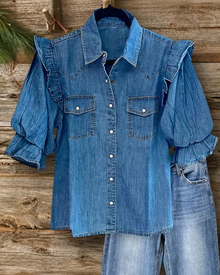 Ruffle Shoulder Puff Sleeve Button Front Flap Pocket Denim Shirt