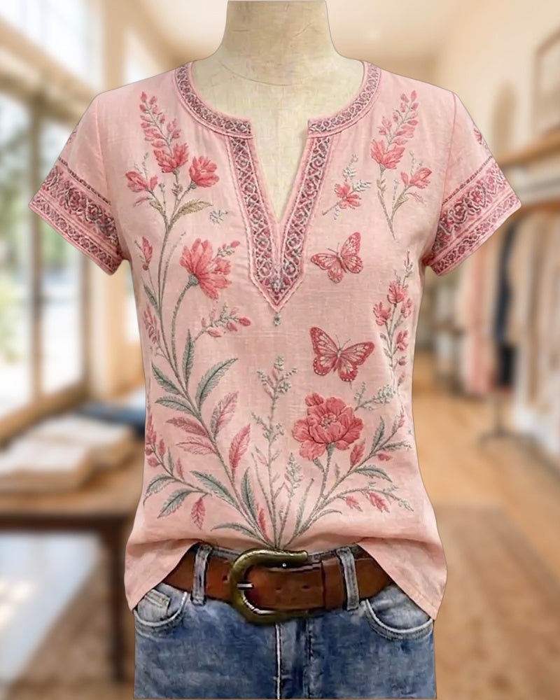 Floral Butterfly Embroidery V Neck Short Sleeve Casual Blouse