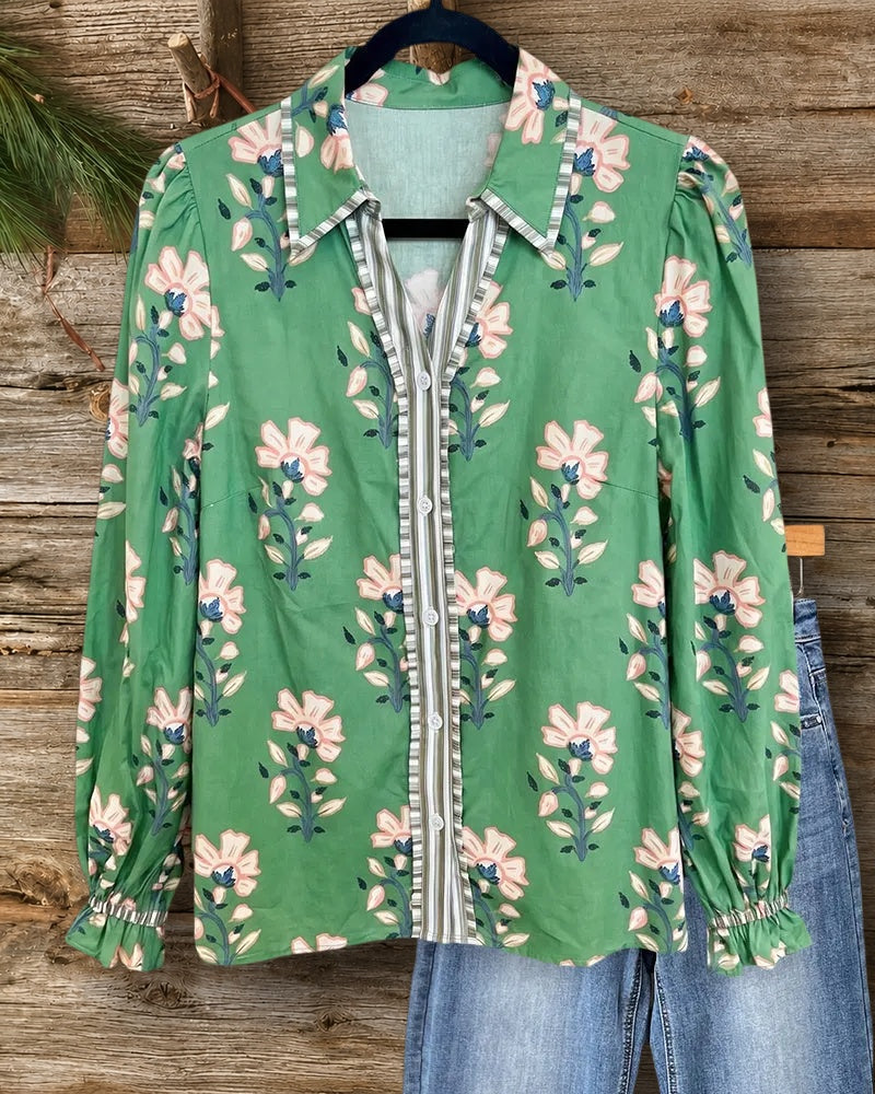 Floral Print Long Sleeve Contrast Placket Ruffled Cuff Collared Blouse