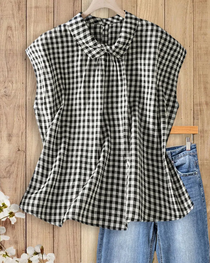 Peter Pan Collar Gingham Cap Sleeve Loose Casual Blouse