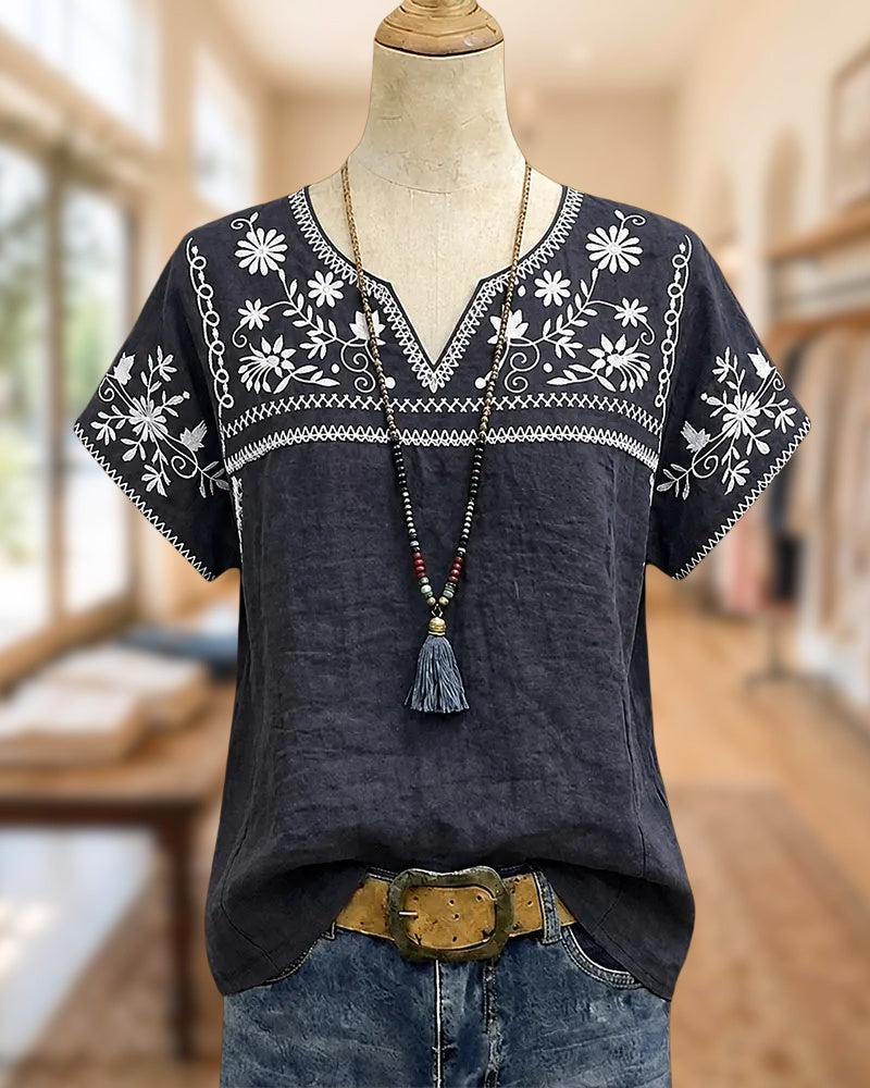 V-Neck Floral Embroidered Short Sleeve Casual Blouse