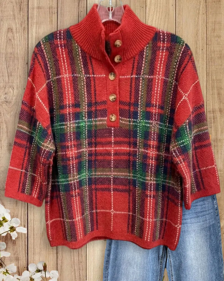 Plaid Stand Collar 3/4 Sleeve Knit Sweater