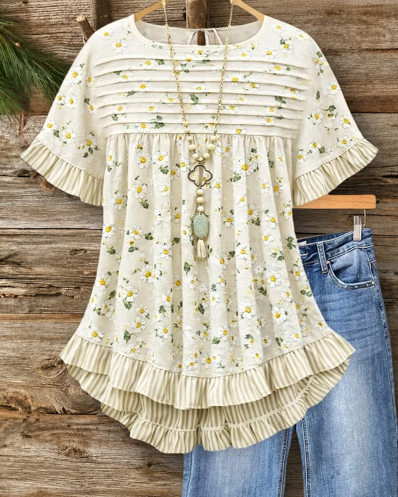 Floral Print Bohemia Ruffle Trim Babydoll Blouse