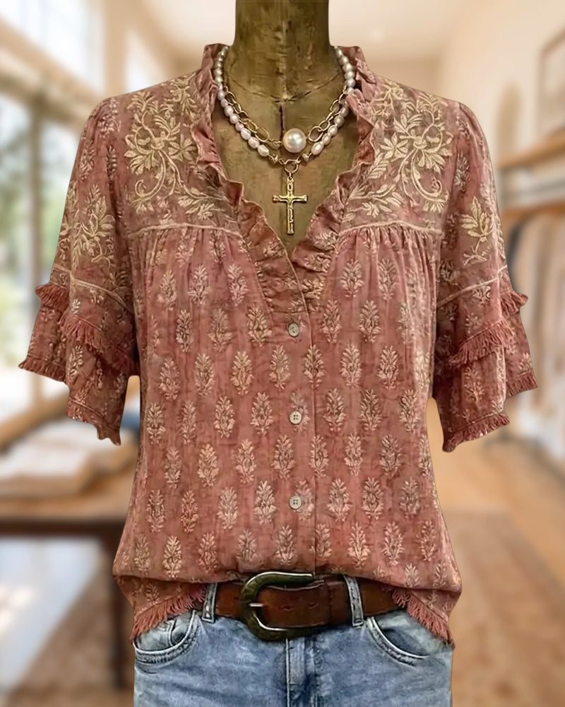 Ruffle Trim V Neck Button Front Fringe Accent Printed Blouse