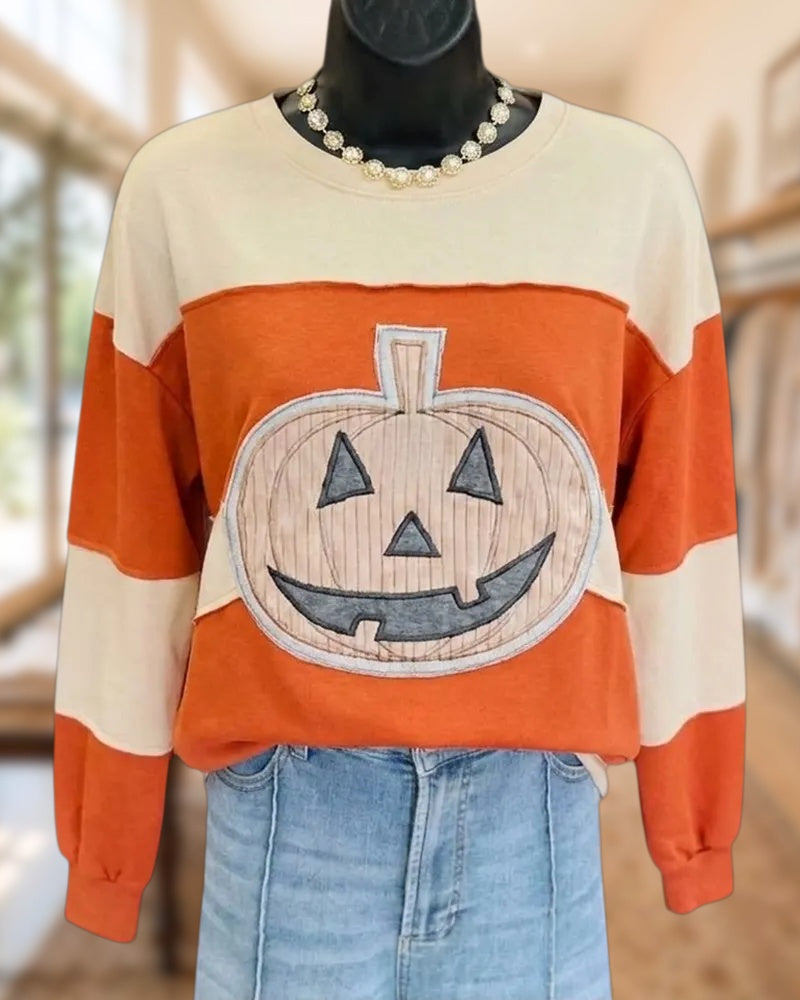 Jack O Lantern Applique Color Block Long Sleeve Sweatshirt