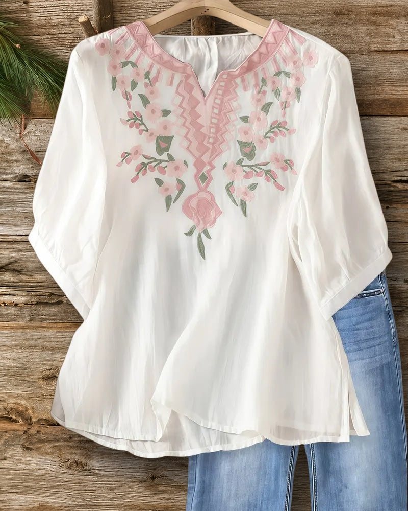 Embroidered Split Neck 3/4 Sleeve Side Slit Loose Blouse