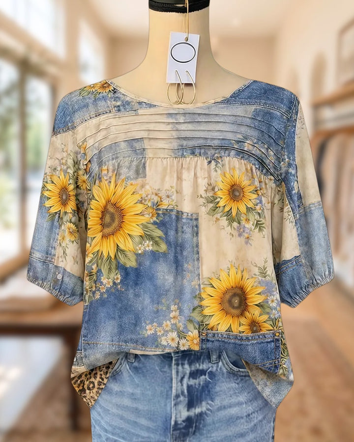 Sunflower & Patch Print Retro Round Neck Blouse