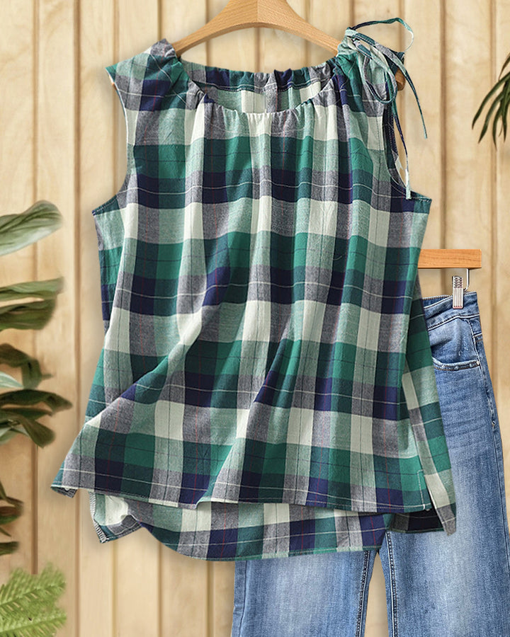 Plaid Cozy Round Neck Drawstring Sleeveless Shirt