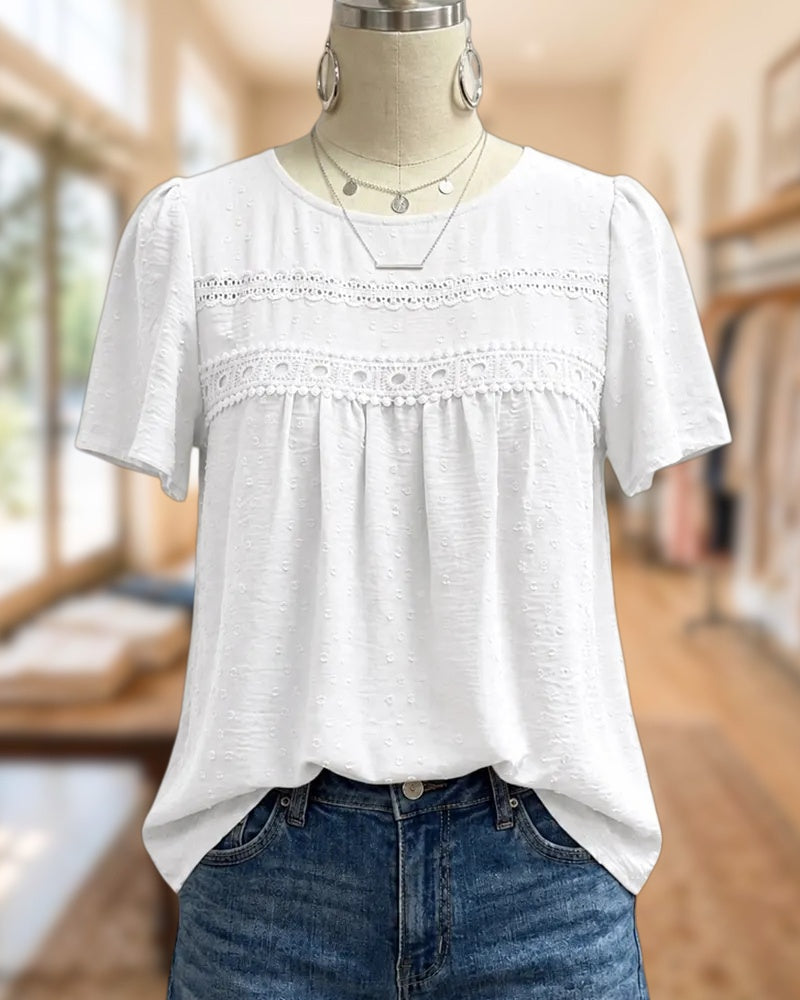 Lace Trim Swiss Dot Short Sleeve Ruched Bust Casual Blouse