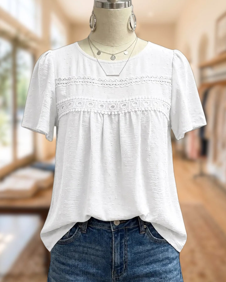 Lace Trim Swiss Dot Short Sleeve Ruched Bust Casual Blouse