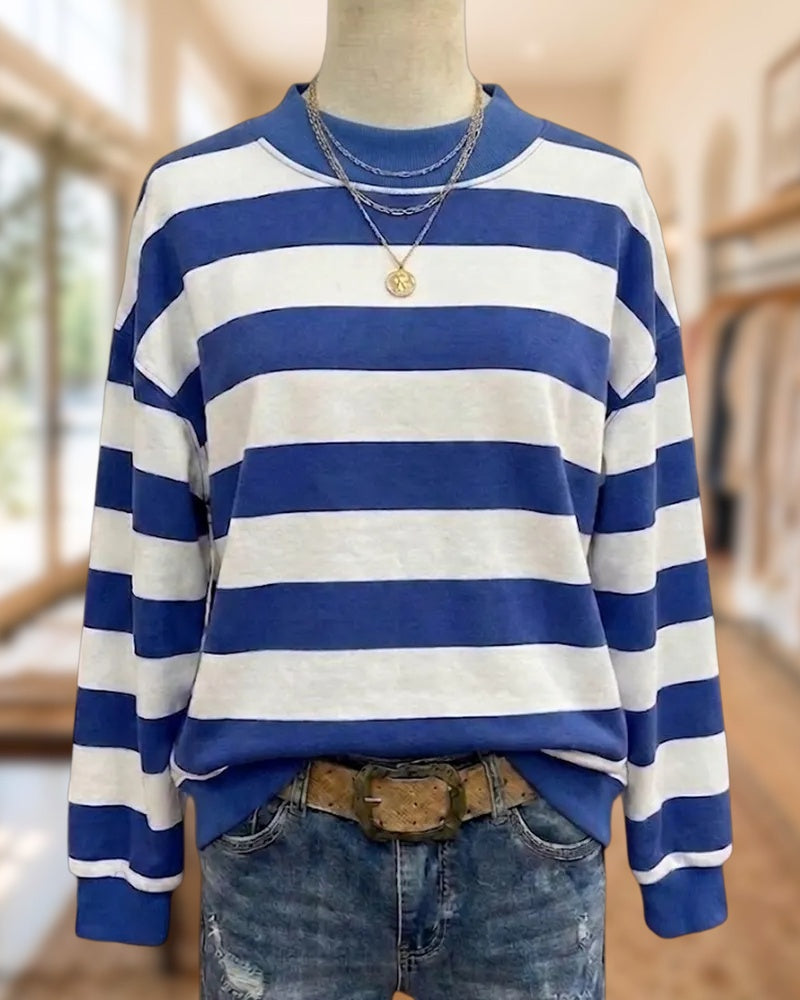 Striped Mock Neck Long Sleeve Casual Pullover Sweatshirt