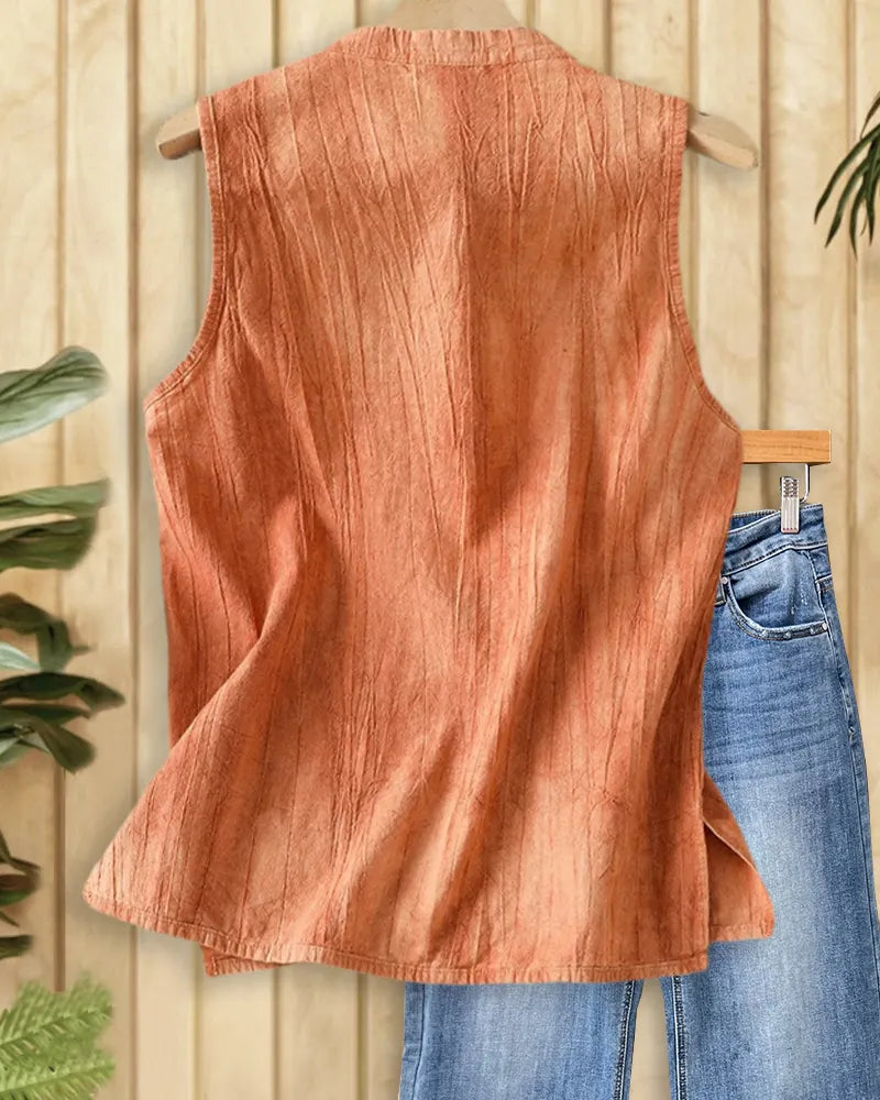 Mandarin Collar Frog Button Sleeveless Crinkle Side Slit Tank Top