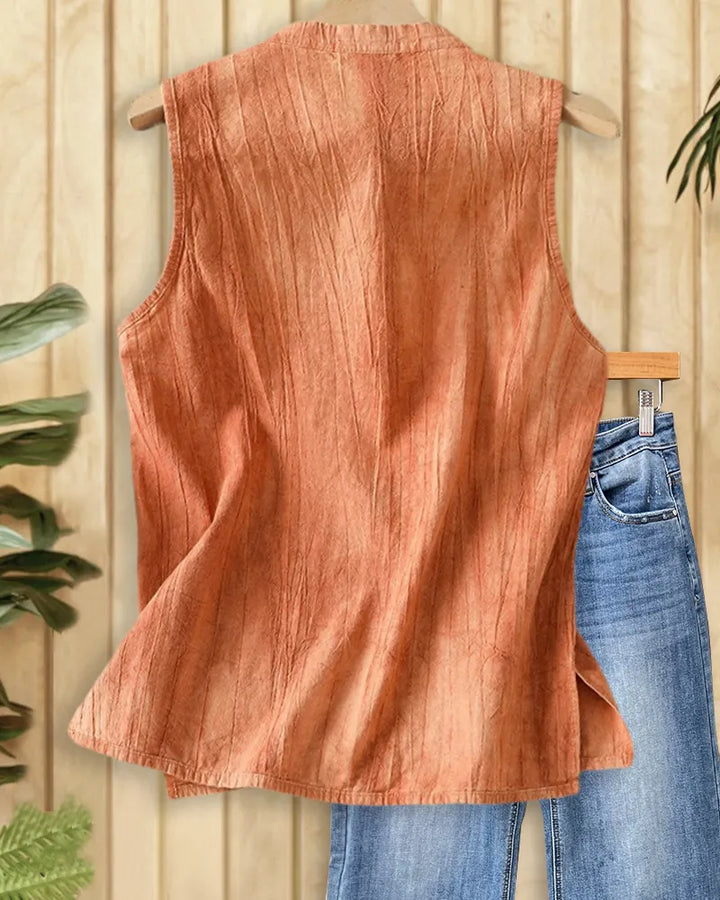 Mandarin Collar Frog Button Sleeveless Crinkle Side Slit Tank Top