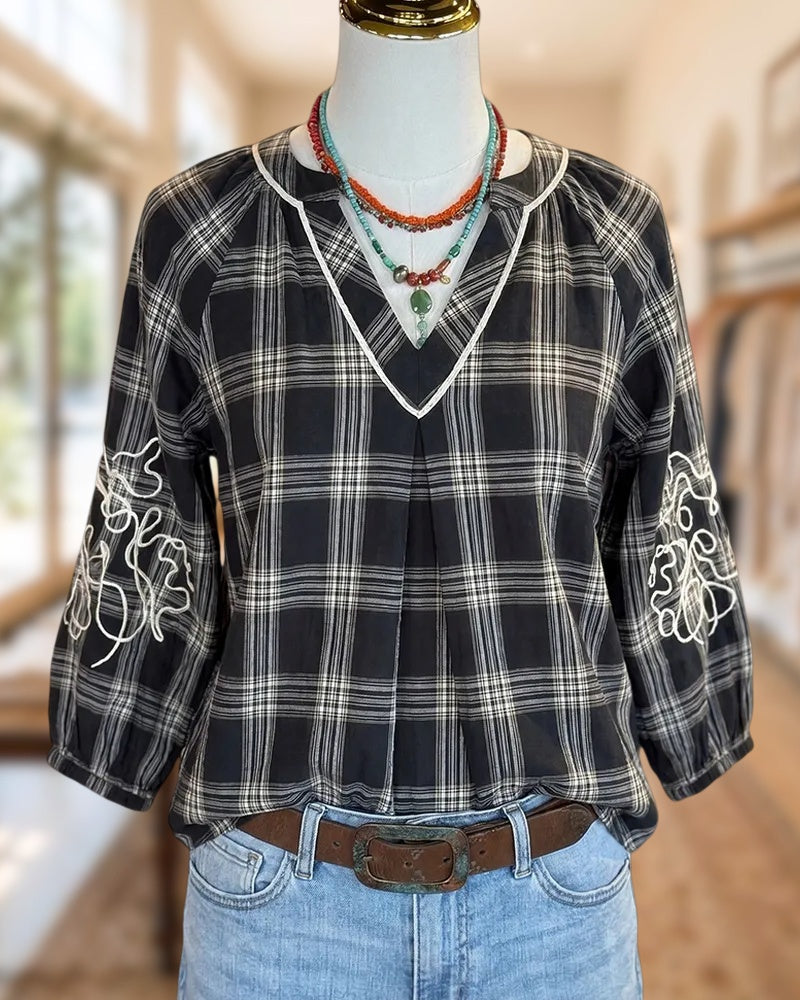Plaid V Neck Contrast Trim Sleeve Embroidery Relaxed Blouse