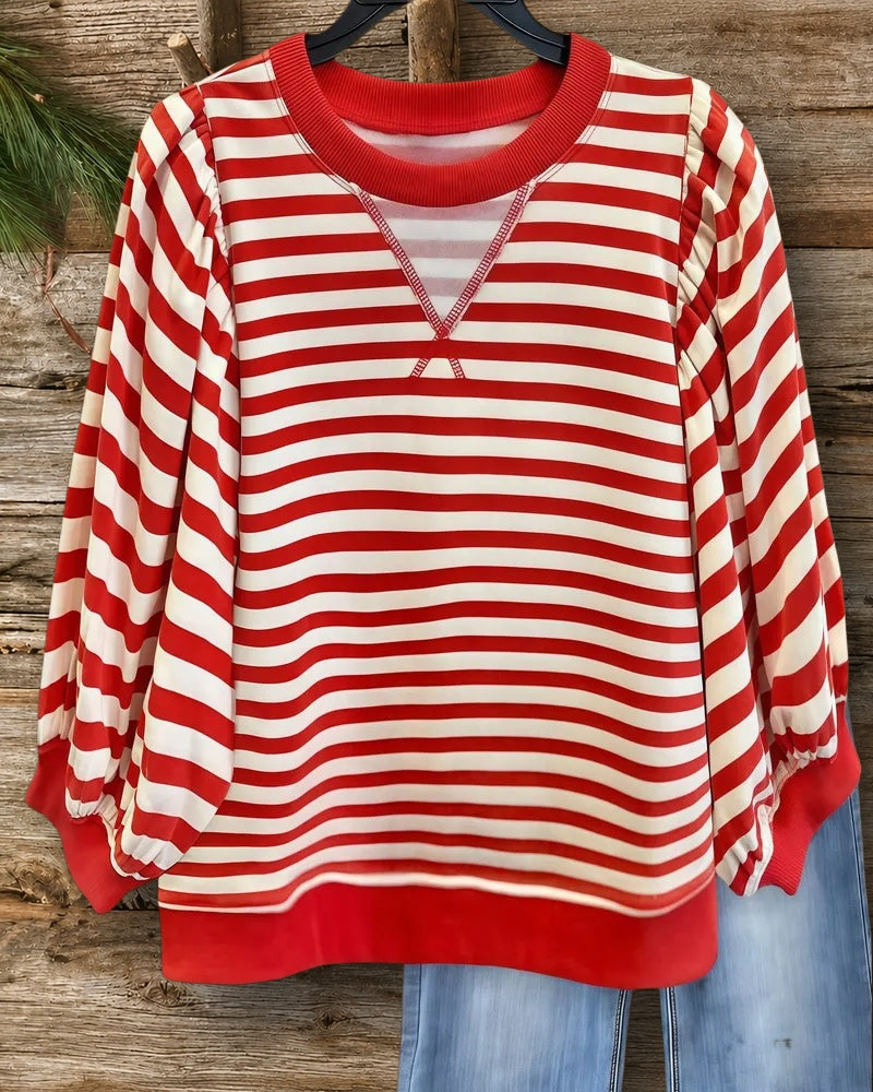 Striped Puff Sleeve Sporty Round Neck Sweatshirt