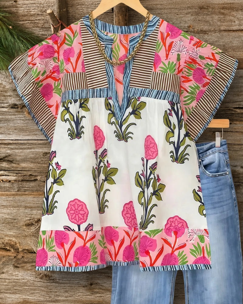 Mixed Print Patchwork Pastoral V Neck T-Shirt
