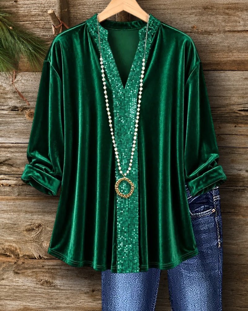 V Neck Sequin Placket Velvet Blouse